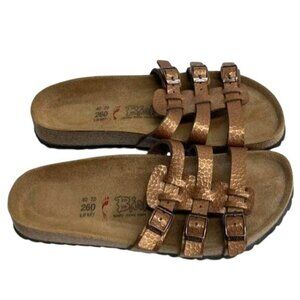 Birkis Brown Textured Leather Sandals With Adjustable Straps & Cork Footbed Wome